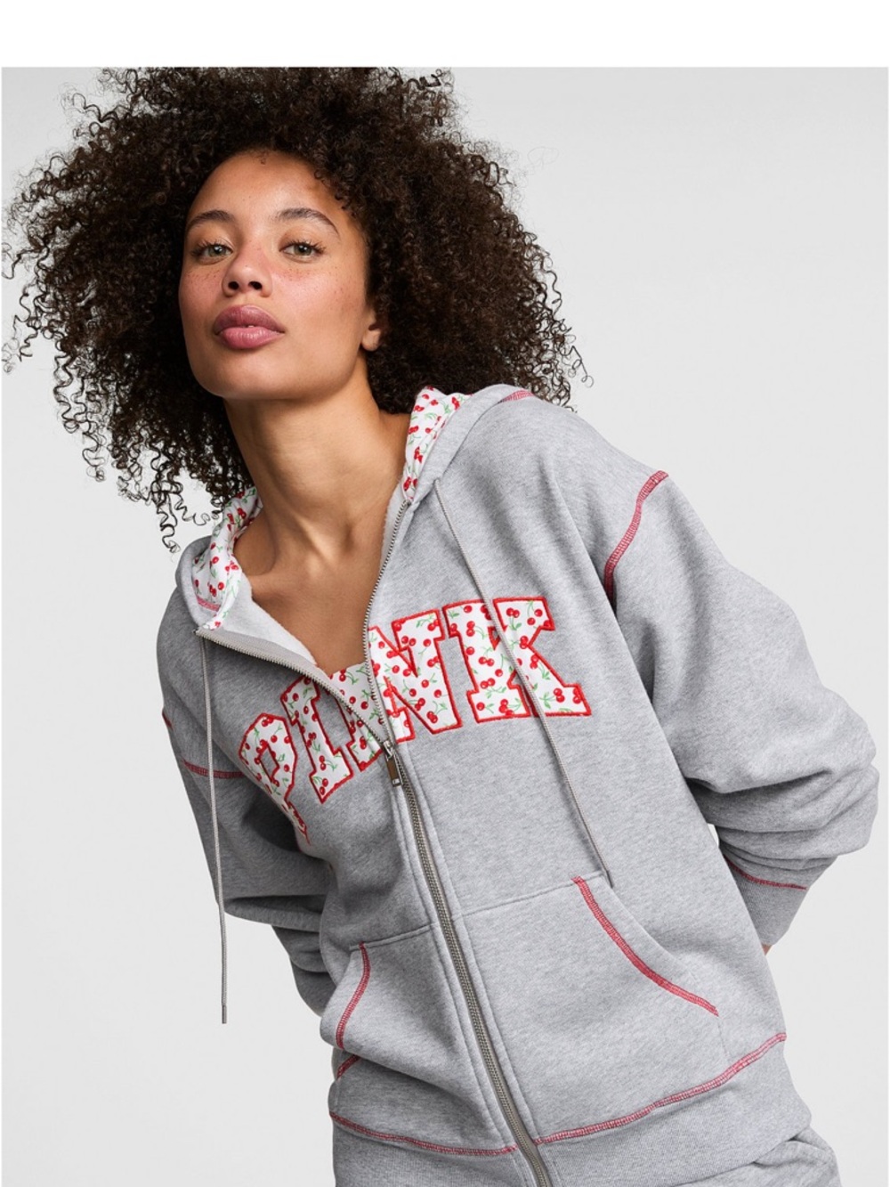 Gray Zip-Front Hoodie with Pink-Trim Cherry Print, Joggers, & tube top NWT 3 pc